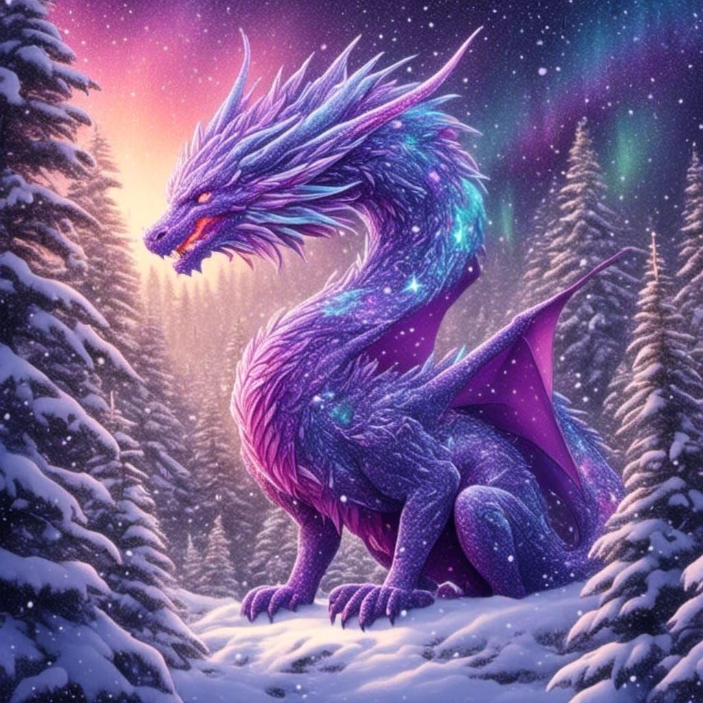 Christmas Dragon in Snowy Forest: Cosmic Illustration