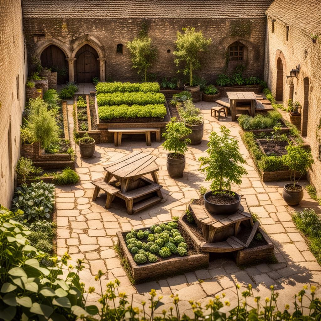 Medieval Courtyard Kitchen Garden Scene