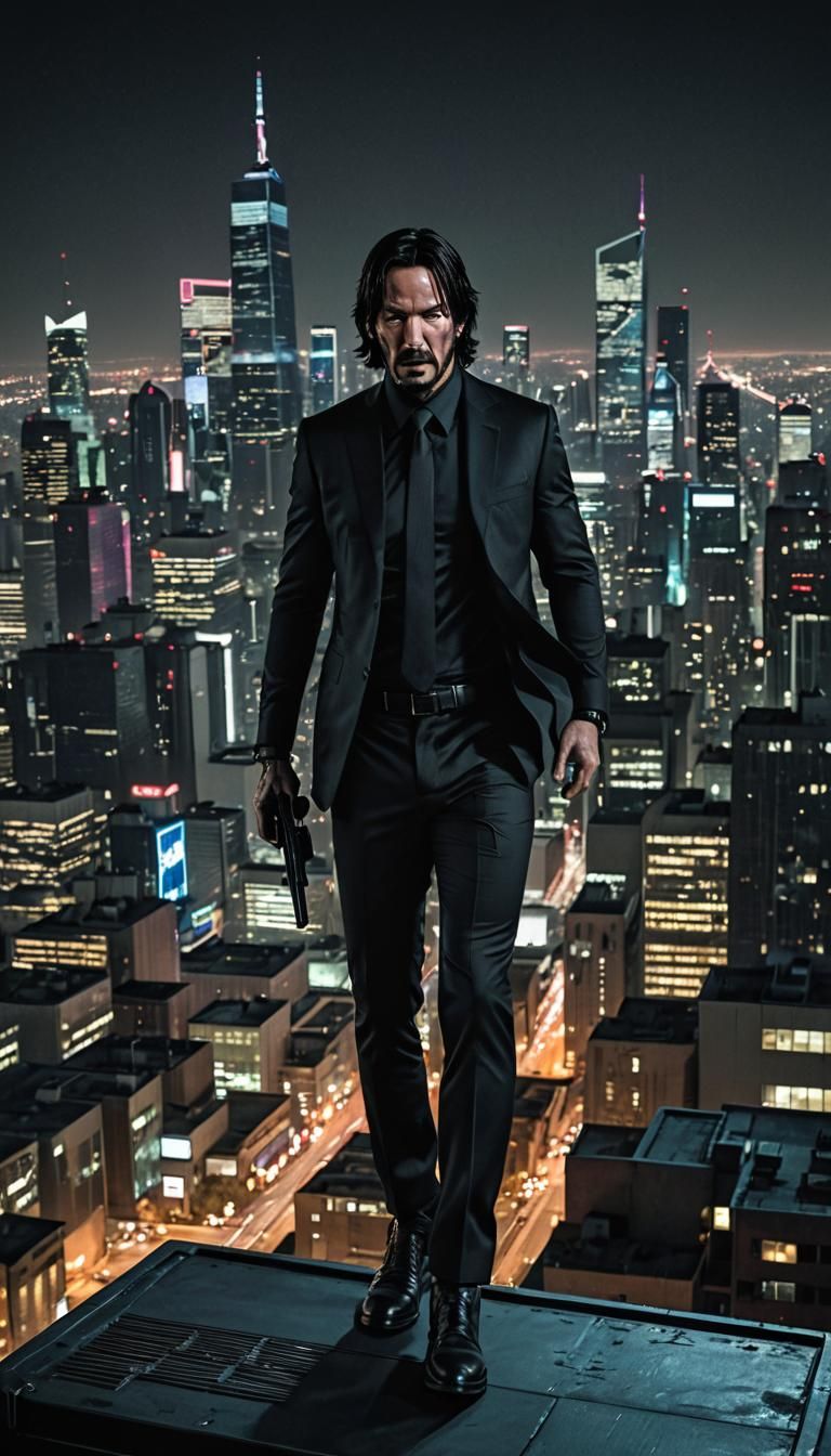 Masked Vigilante with Katanas Overlooking Cyberpunk City