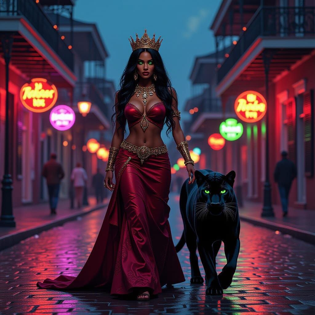 Queen Voodoo and Panther on Bourbon Street at Night