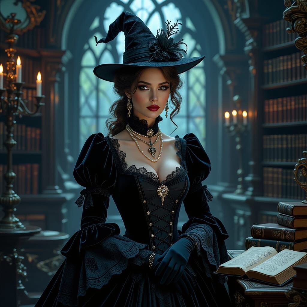 Victorian Witch in Mystical Chamber, Dark Velvet Attire