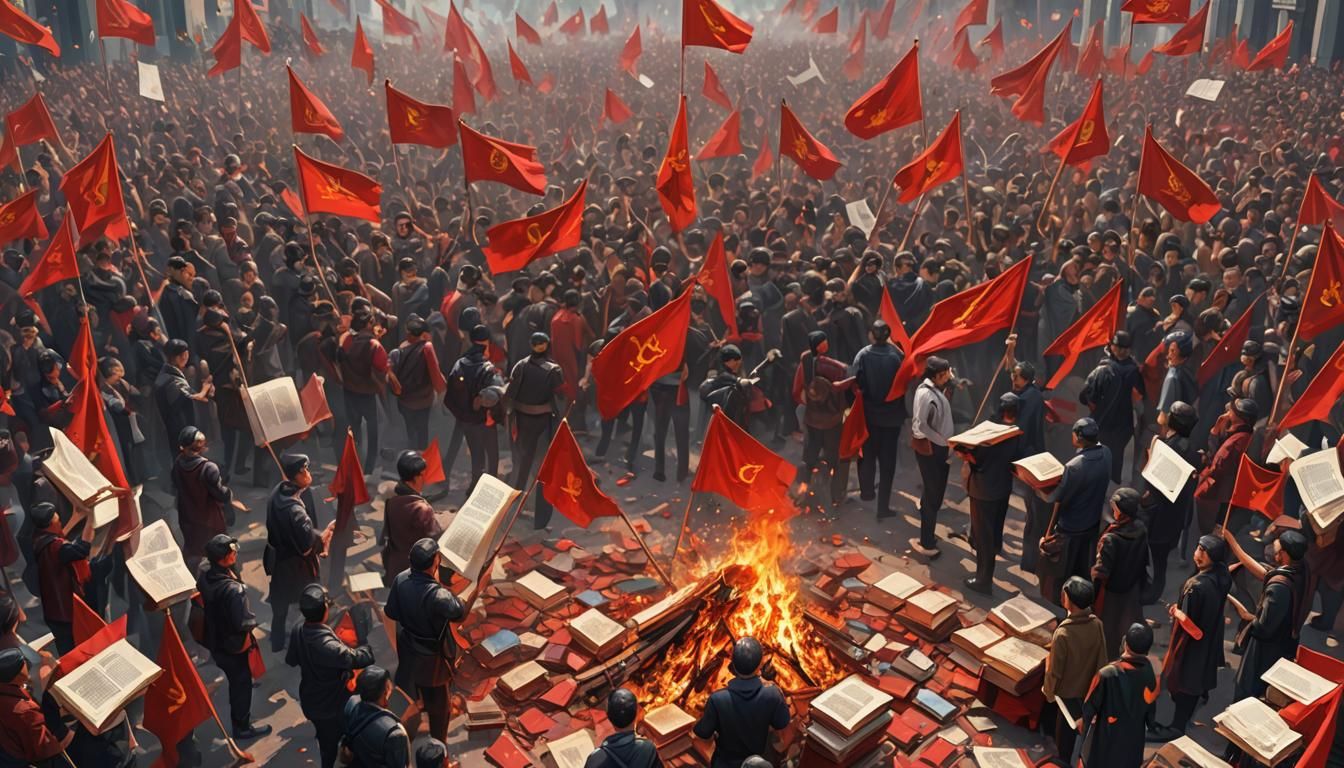 Dramatic March with Burning Books in Splash Art
