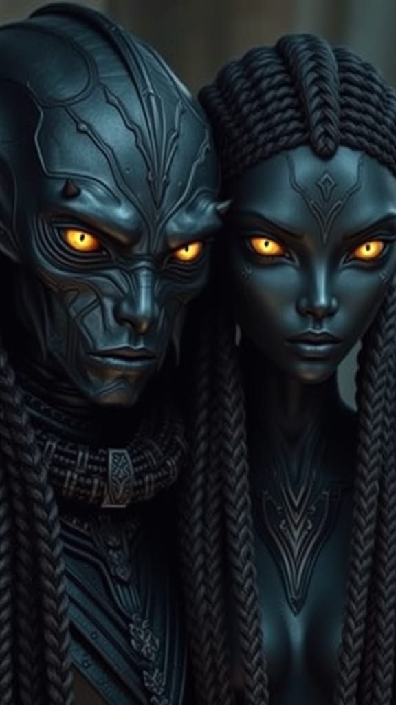 Dark Alien Bodyguards with Glowing Eyes