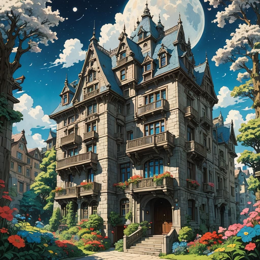 Ghibli-Inspired Apartment Building with Lush Gardens