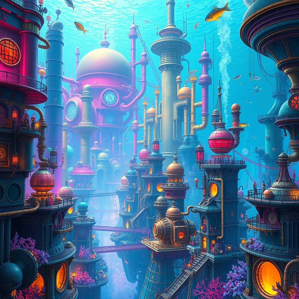Ethereal Underwater Metropolis in Steampunk Aesthetic