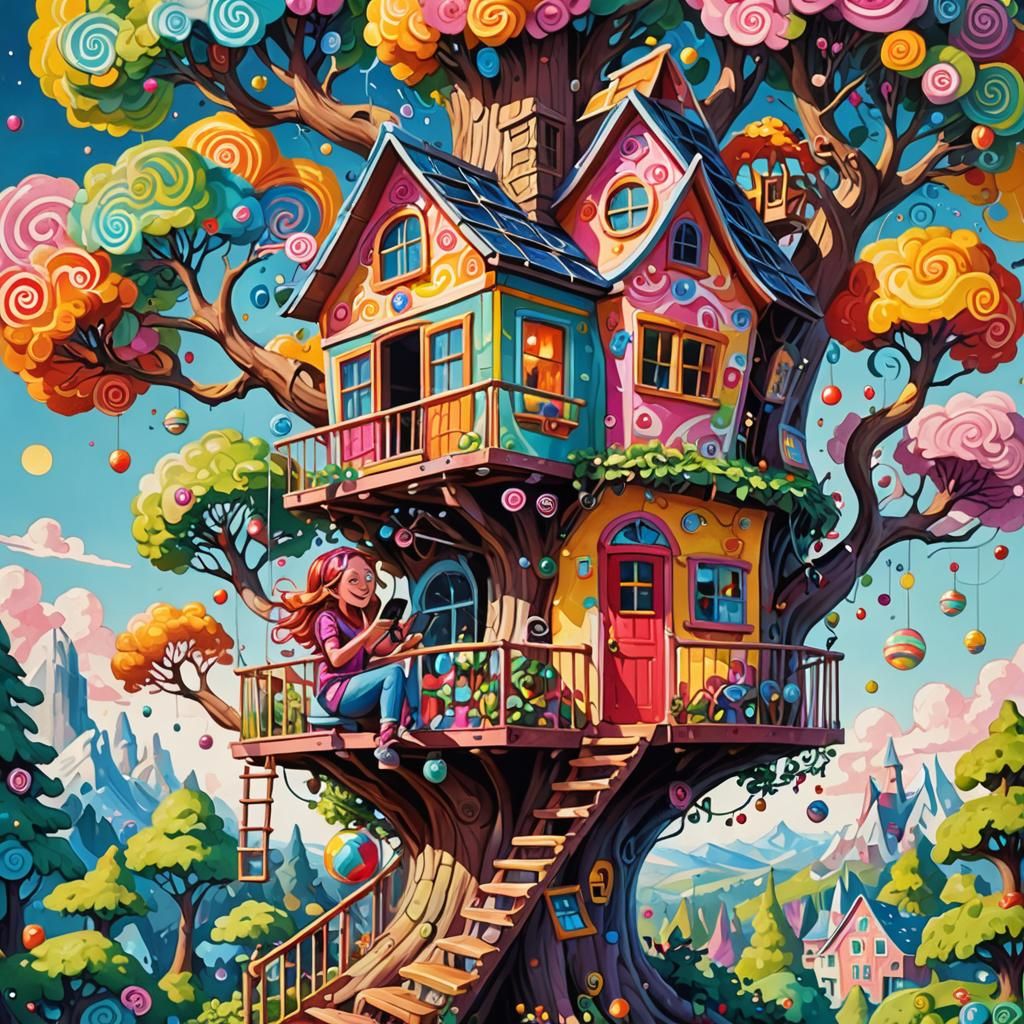 Unusual Solar Cell Treehouse in Gouache Swirls