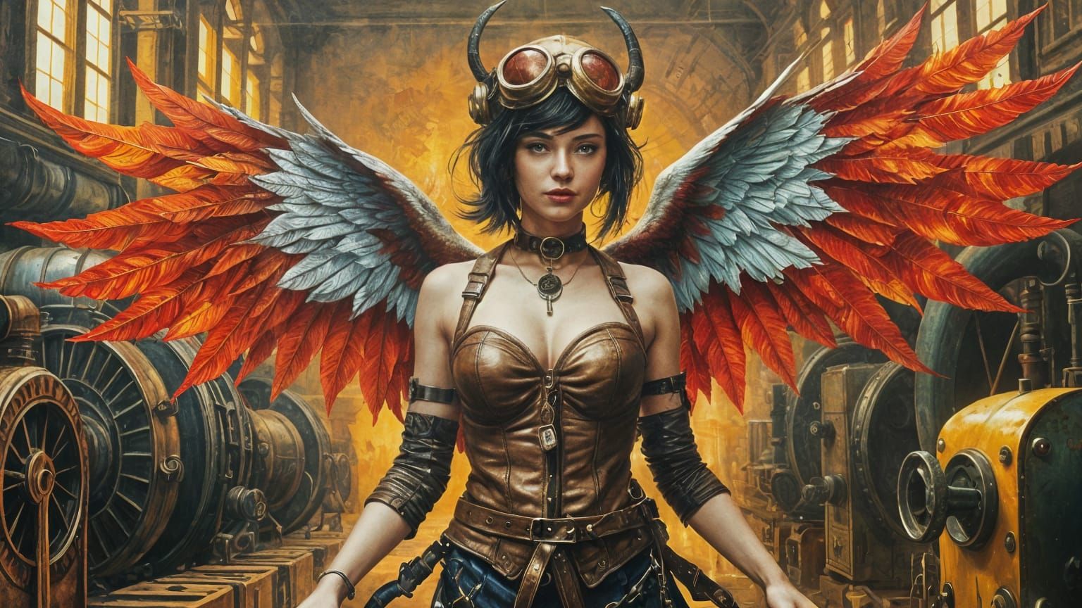 Steampunk Woman with Mechanical Wings as Impasto Painting