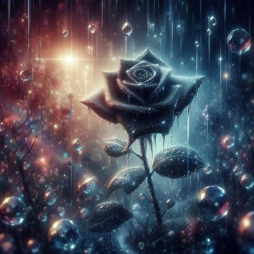 Mysterious Diamond Raindrops on a Black Rose in a Glass Gard...