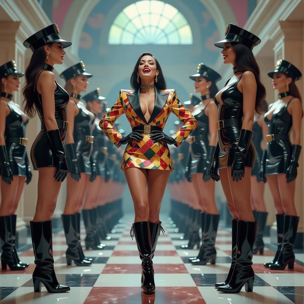 Female Prison Guards in Neo-Cubist Style Surround a Flamboya...