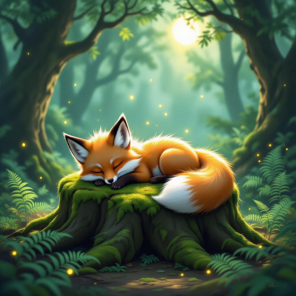 Enchanted Forest Nap: Nine-Tailed Fox Sleeps Peacefully
