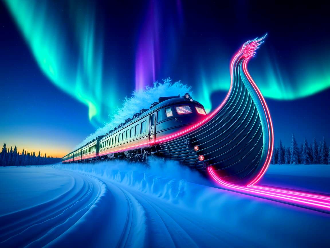Cyberpunk Nordic Train in Fairytale Winter Night