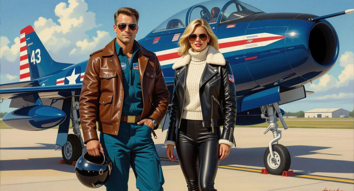 Pilots Before a 1960s Jet Fighter, Hyperrealistic Painting