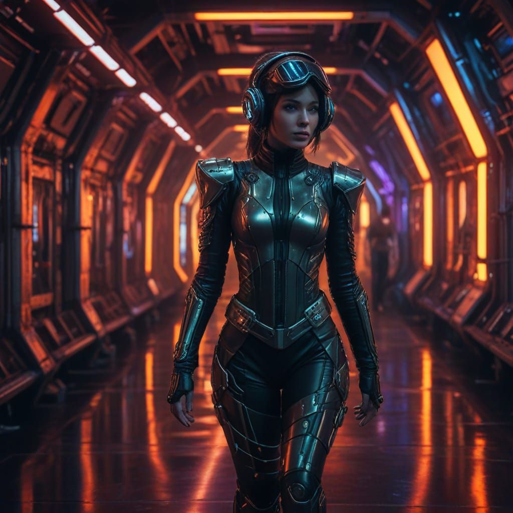 Cyberpunk Lady Walks Spaceship Corridor with Neon Accents