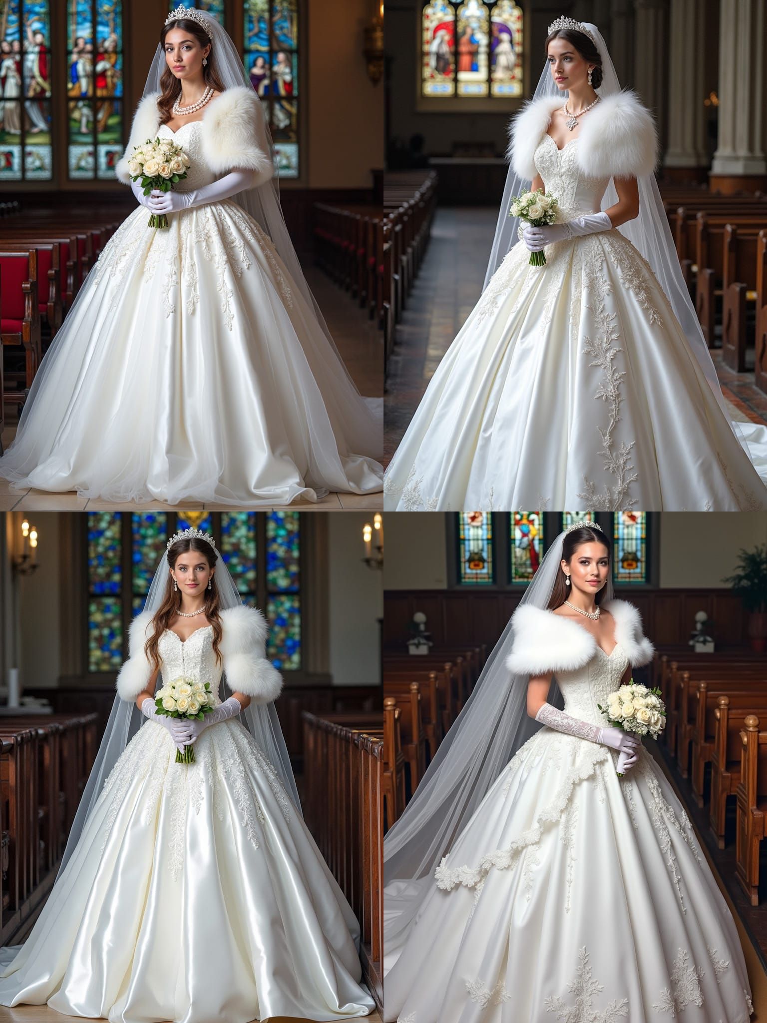 Bride in Regal White Satin Tulle Wedding Dress