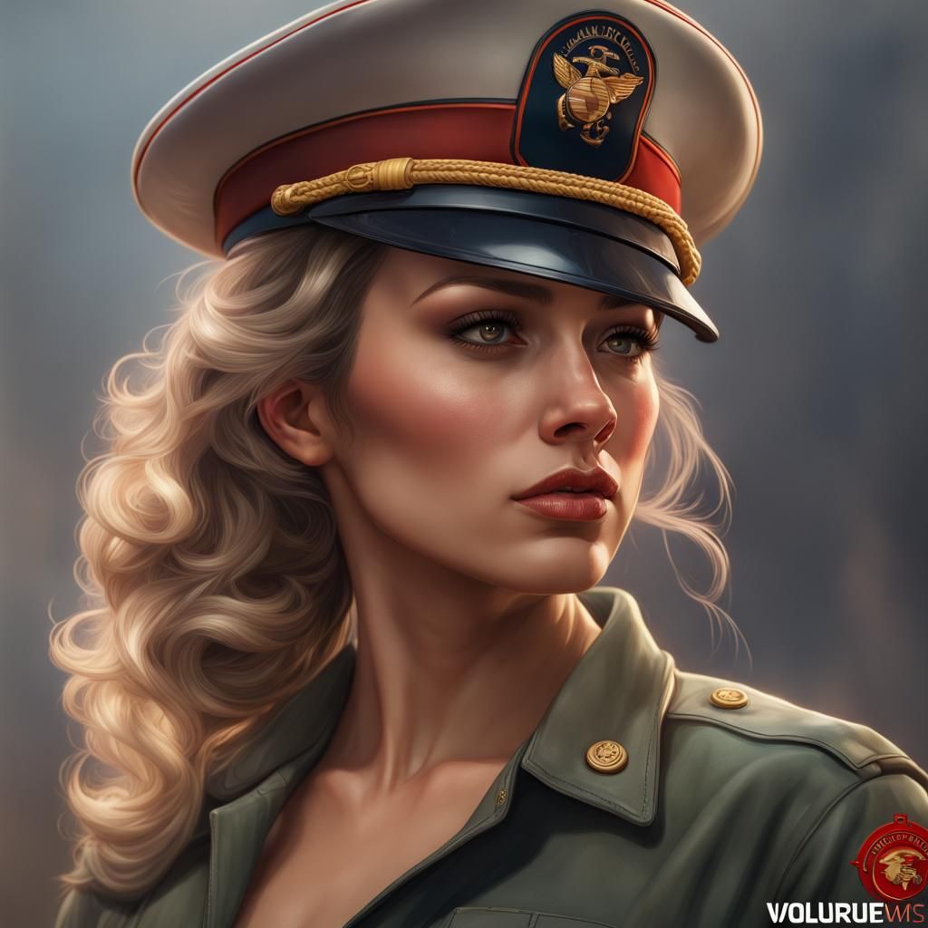 Marine Corps Pin-Up Girl Portrait, Hyperrealistic Art
