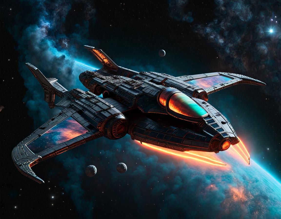 Futuristic Spacecraft Soaring Through Scarlet Nebula