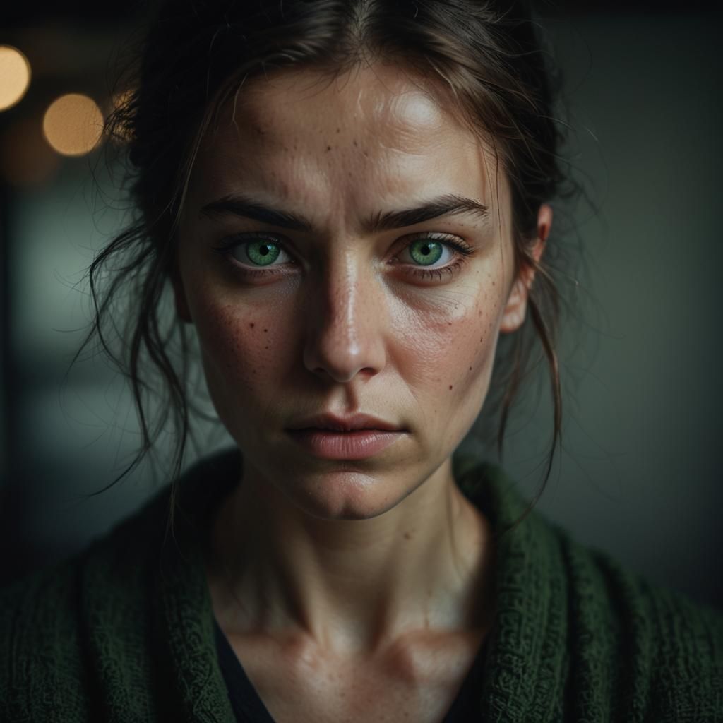 Sad Woman with Green Eyes in Photorealistic Portrait