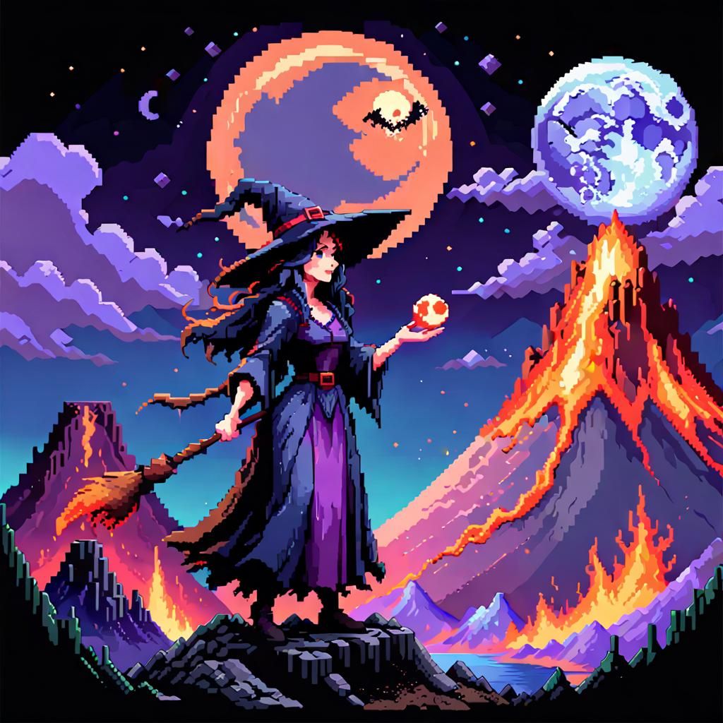 Pixel Art Witch with Moon and Volcano Spirit