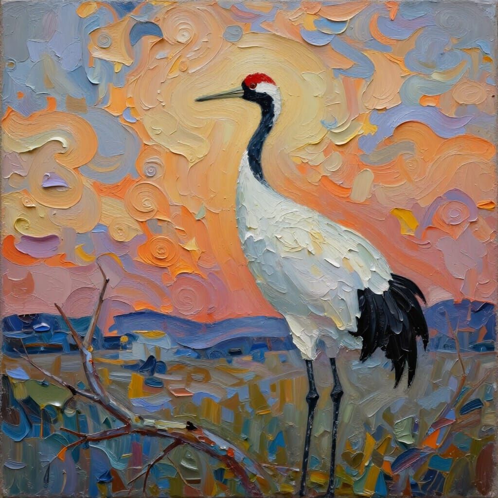 Ultra-Impasto Crane Contemplates Marsh in Van Gogh Style