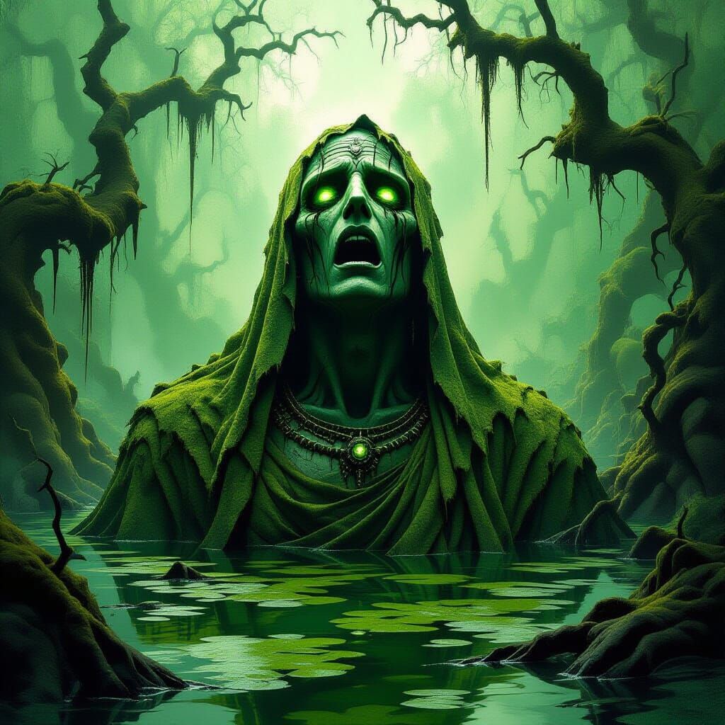 Mossy God Statue in Emerald Swamp, Dark Fantasy Art