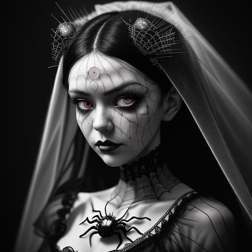 Gothic Bride Entangled in Spider Web: Hyperrealistic Photogr...
