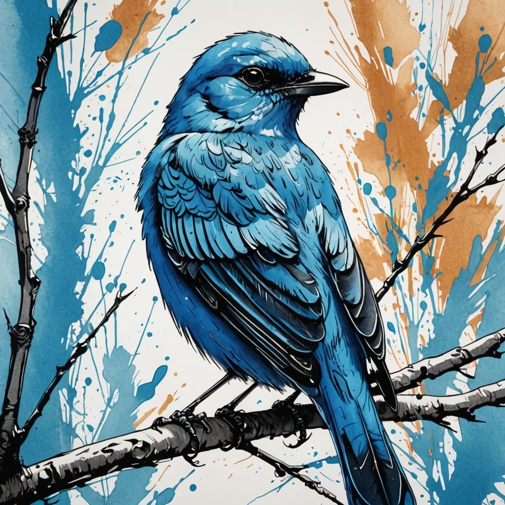 Blue Bird Portrait in Marker Illustration Style