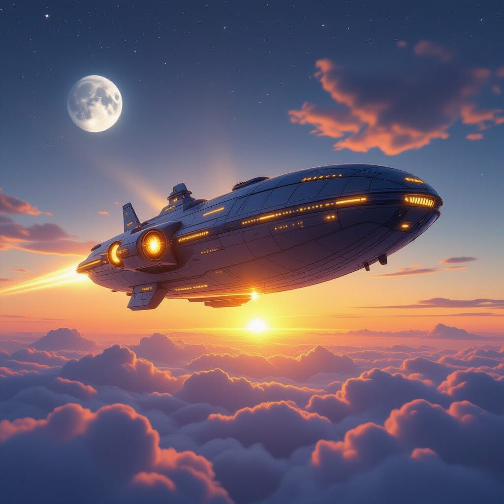 Epic Futuristic Airship Soars Above Clouds at Sunset