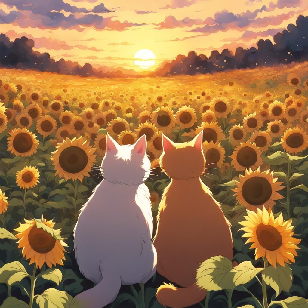 Cats Gaze at Sunset in Anime Sunflower Field