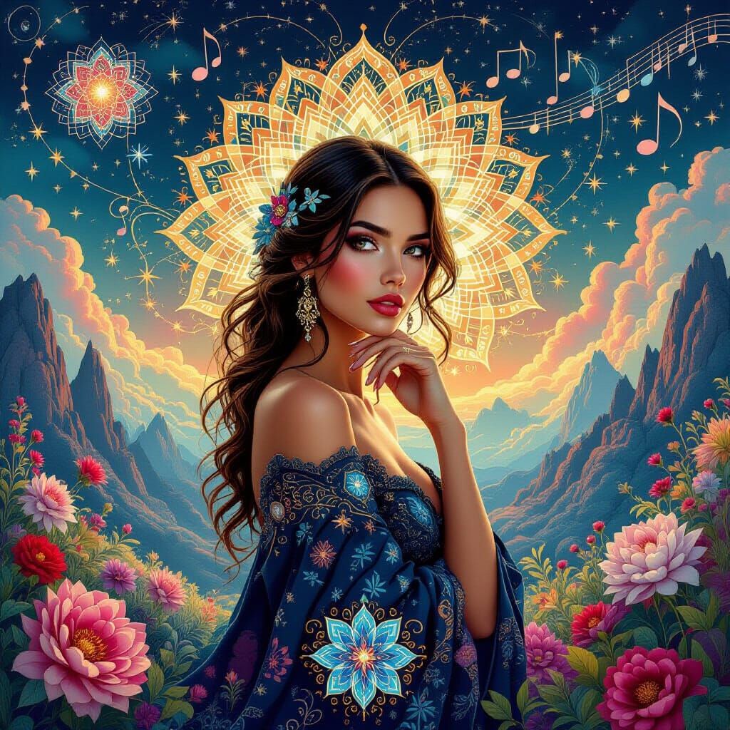 Elegantly Poised Woman in Zentangle Fractal Dreamscape