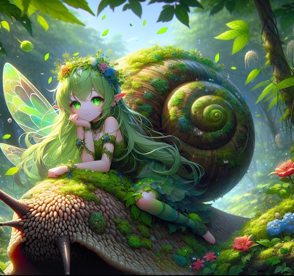 Anime Fairy on Giant Snail in Fantasy Forest