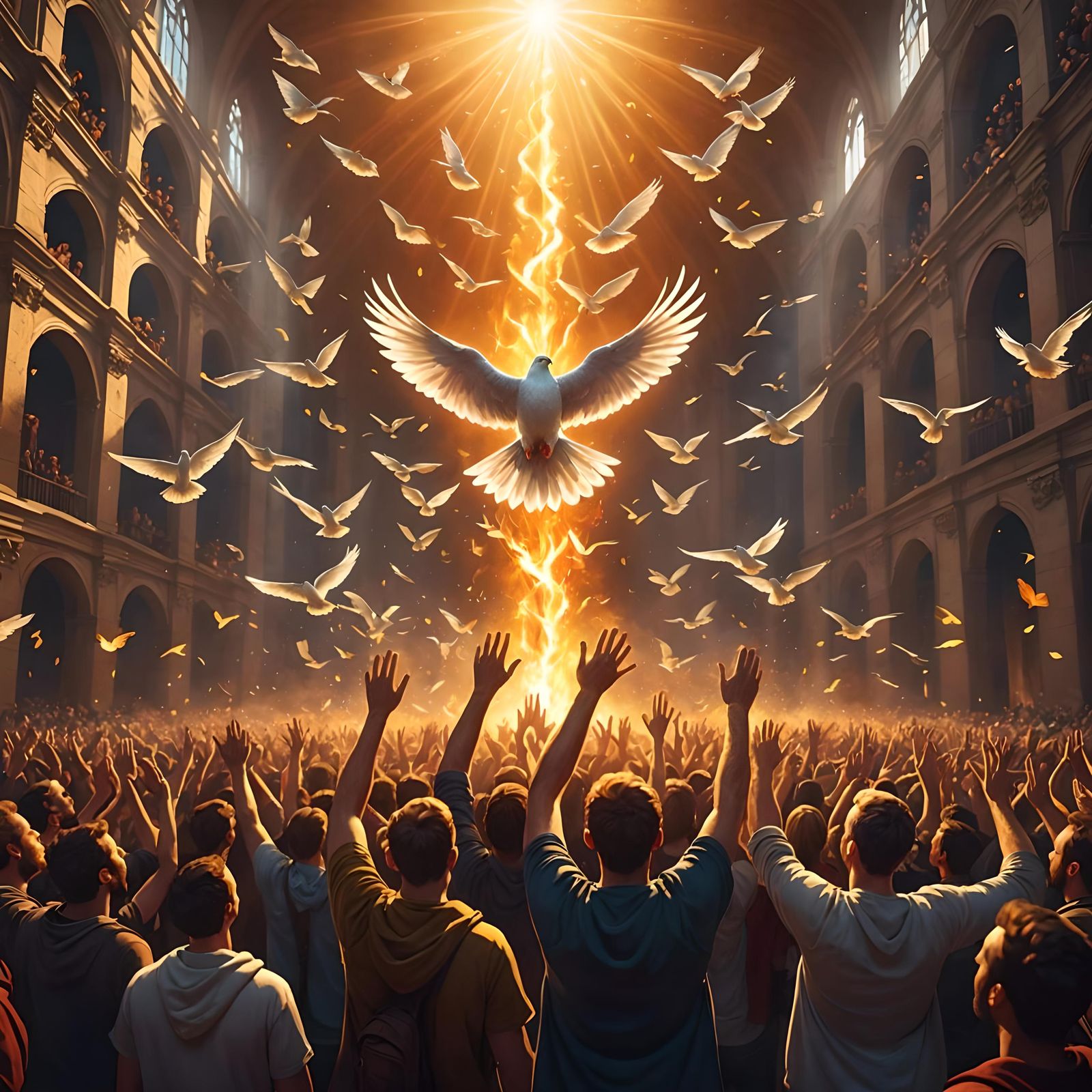 Firey Doves Descending on Crowd in Divine Light