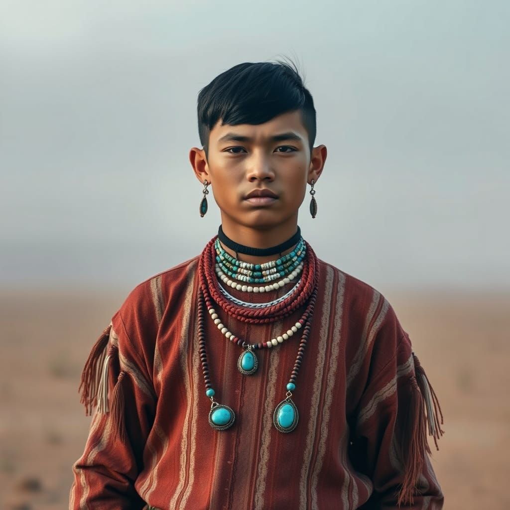 Navajo Youth in Desert Landscape with Turquoise Jewelry