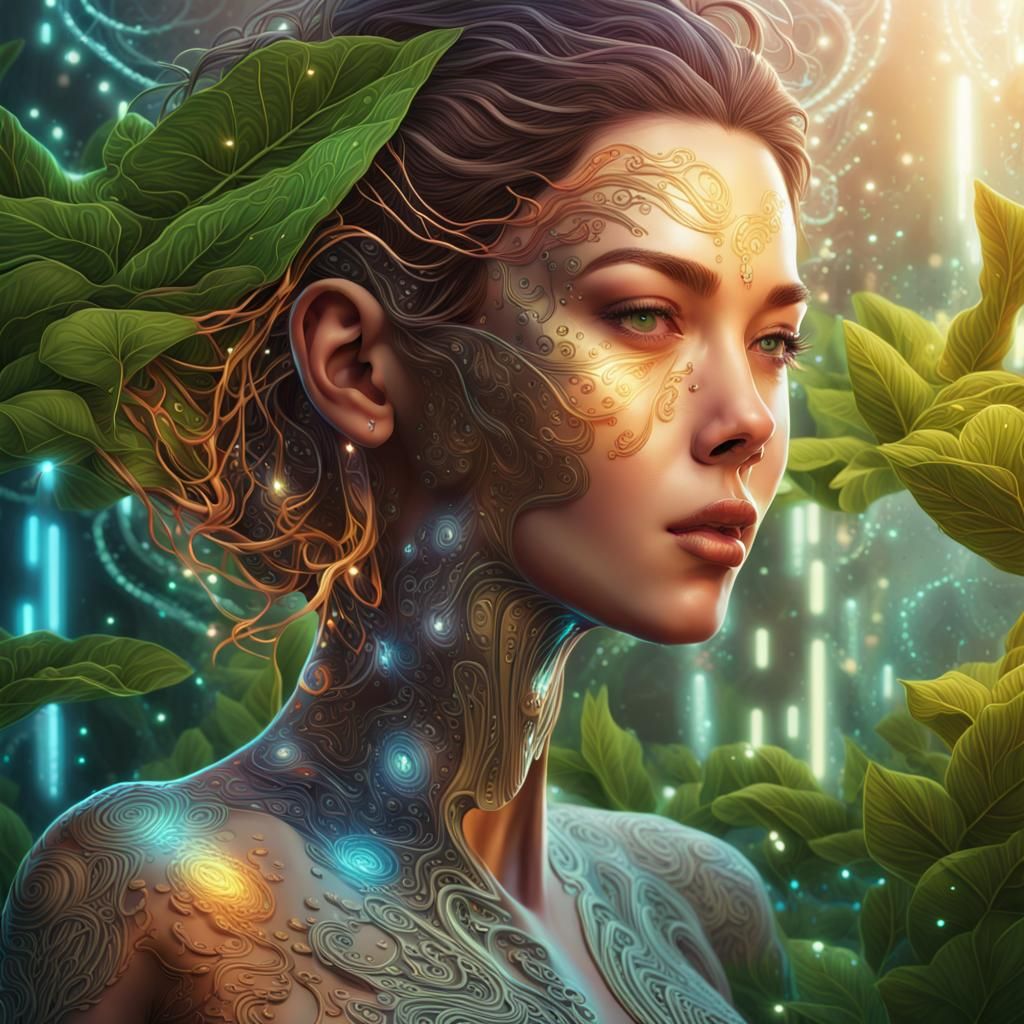 Bioluminescent Woman in Futuristic Garden, Digital Art