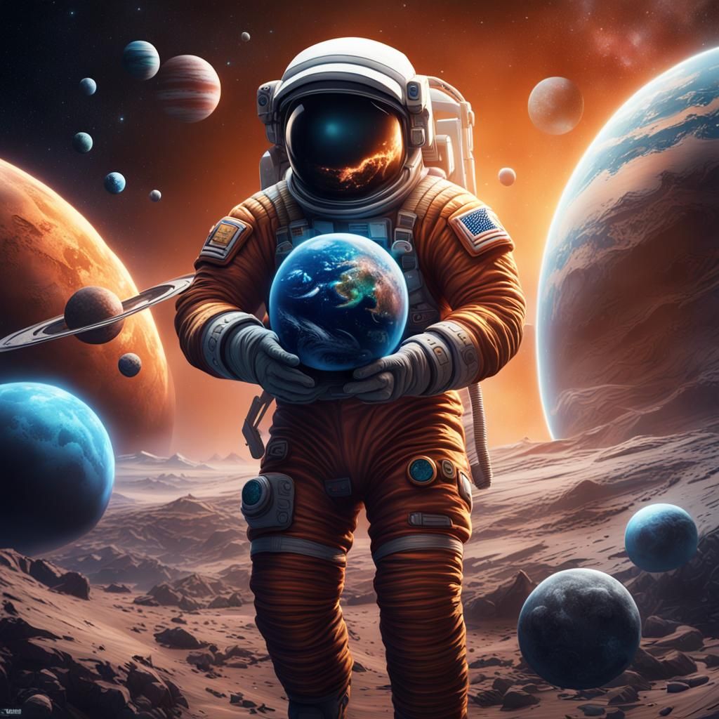 Astronaut Tattoo Holding Planets: Detailed Matte Painting