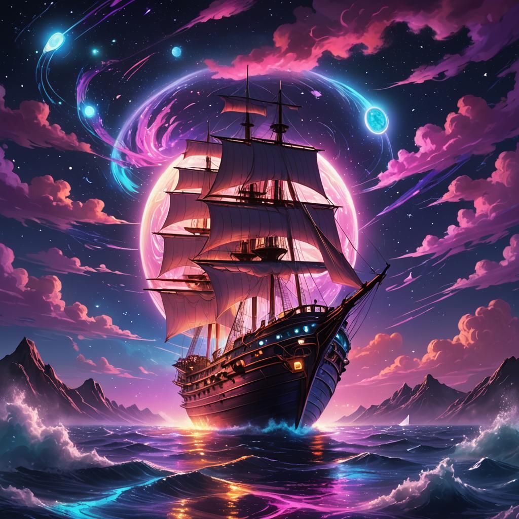 Glowing Orb Ship Sails Through Starry Night