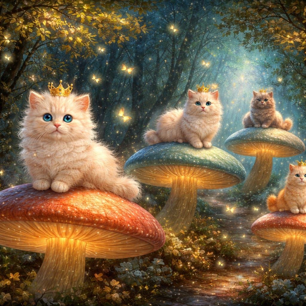 Cats in Crowns Ride Mushrooms Through Starlit Forest