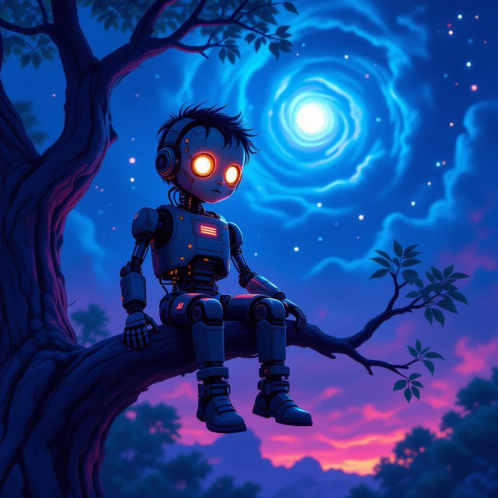Mechanical Boy in Alien Tree, Cyberpunk Style