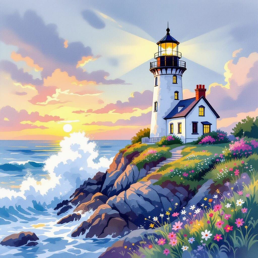Magical Lighthouse on Rocky Cliff in Watercolor Style
