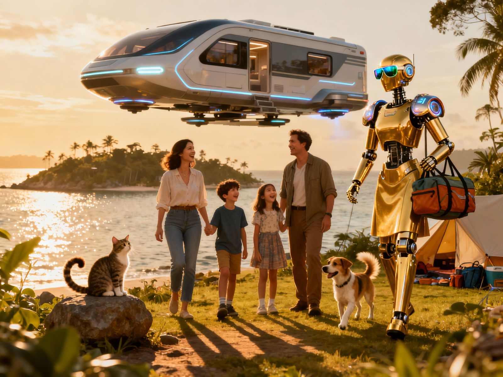 Sci-Fi Family Camping with Flying RV at Golden Hour