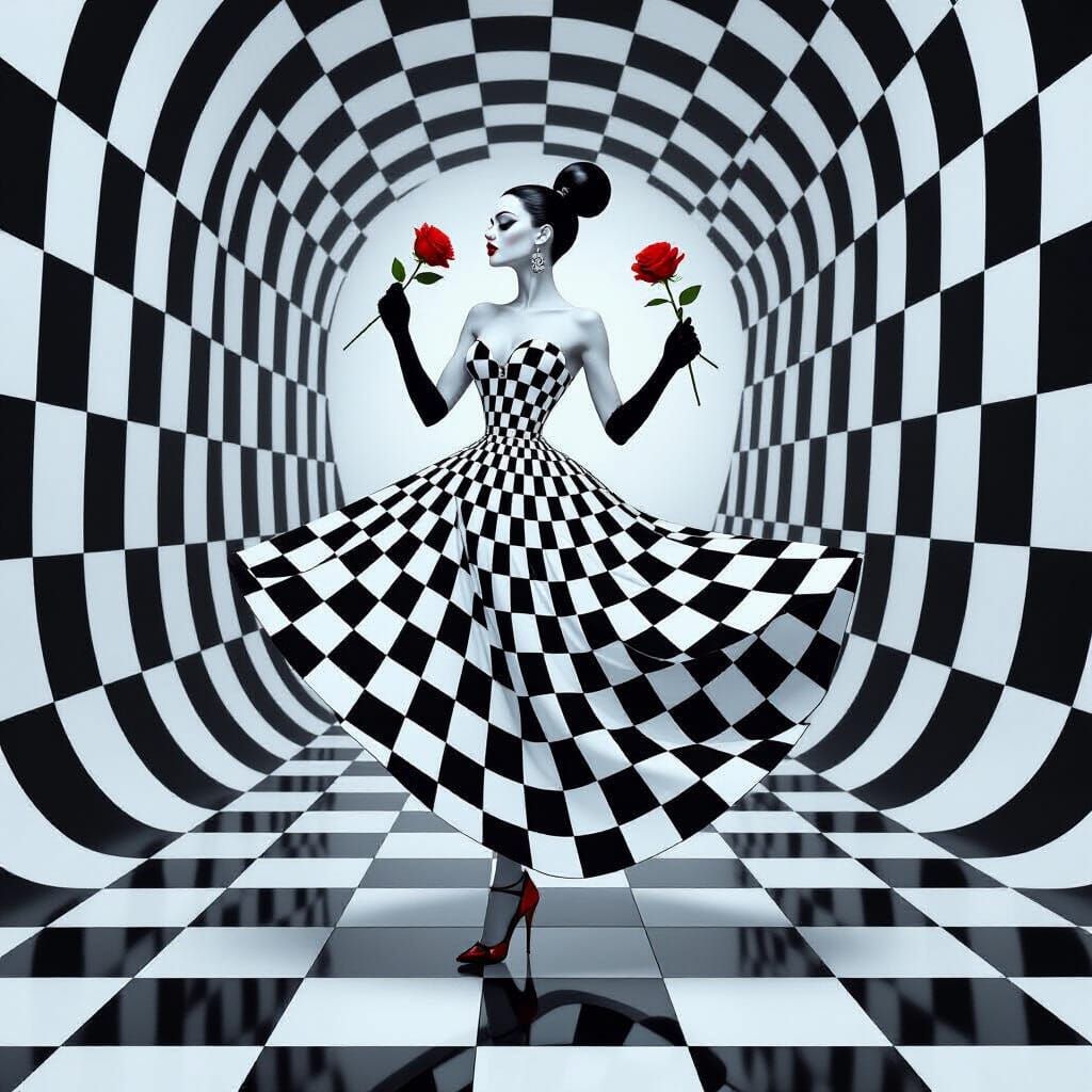 Checkerboard Woman Dancing in Surreal Dalí-esque World with ...