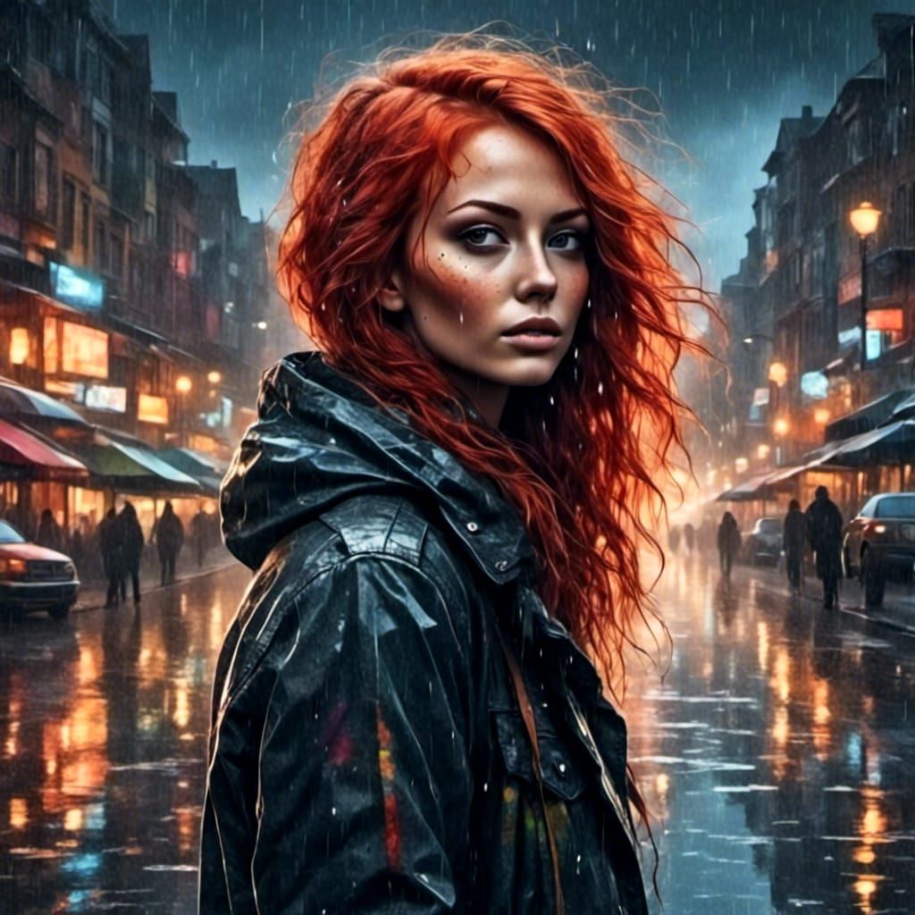 Saucy Redhead in Rainy Cityscape: Watercolor Style