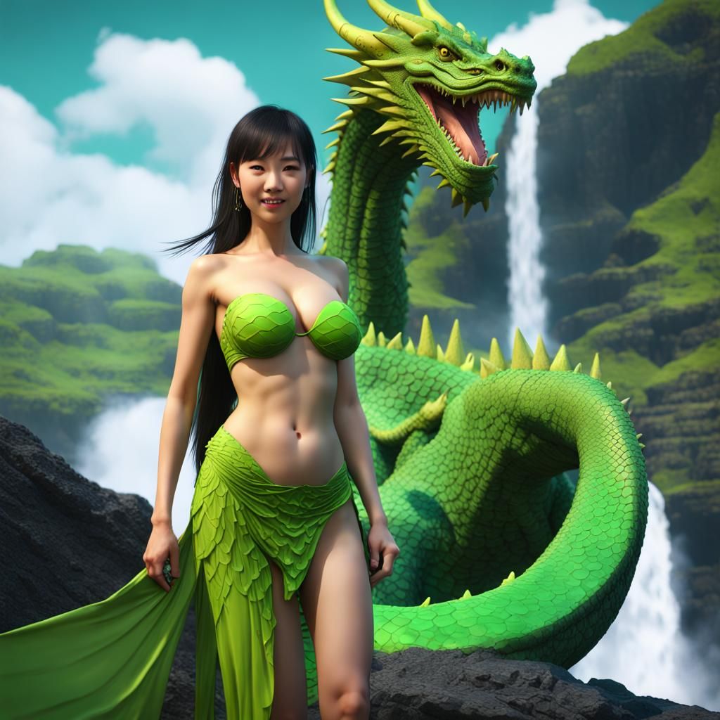 Asian Woman and Dragon in Fantasy Landscape