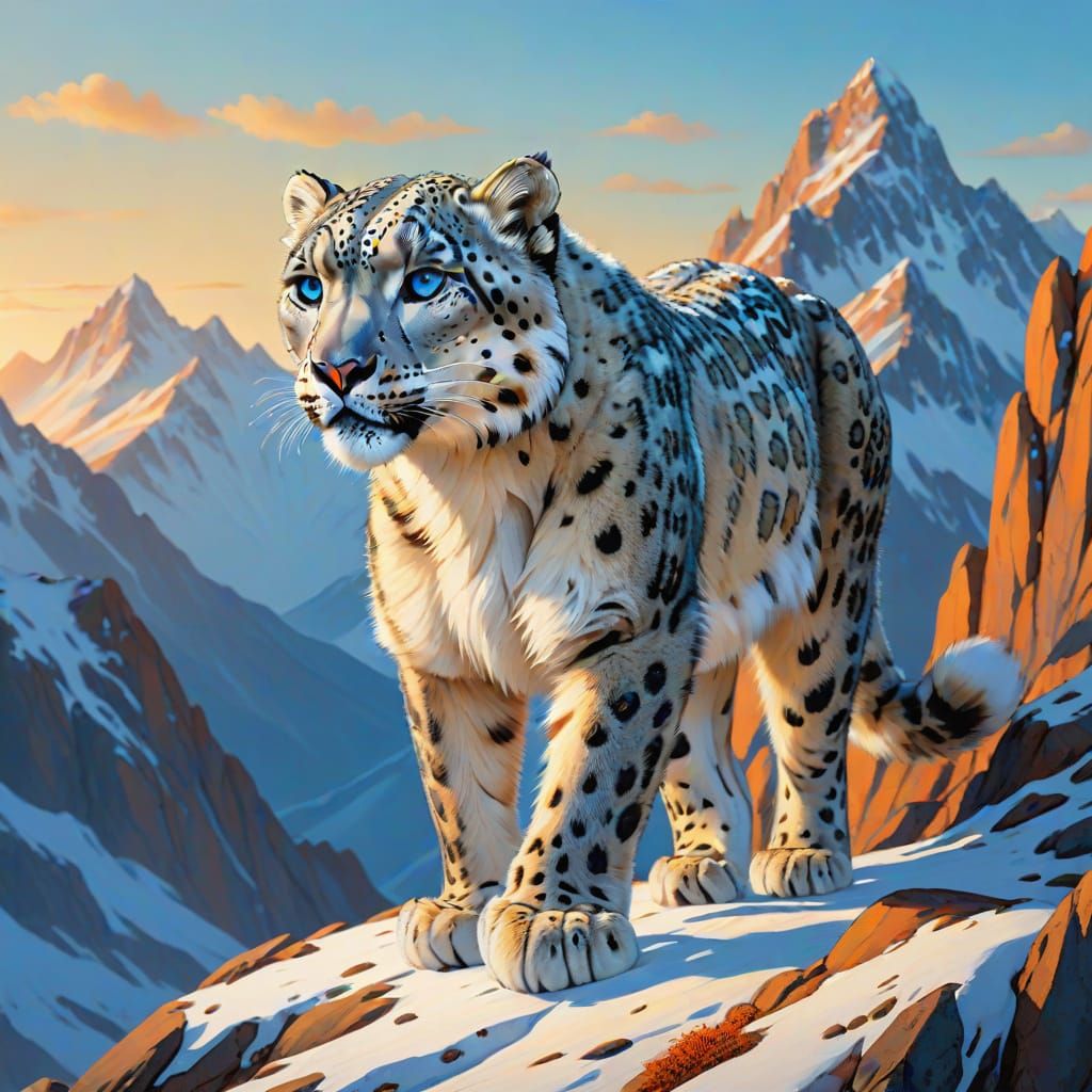 Majestic Snow Leopard in Golden Hour Light
