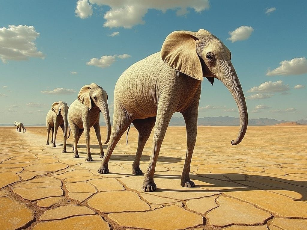 Surreal Elephants in Desert Landscape, Dali-esque Style