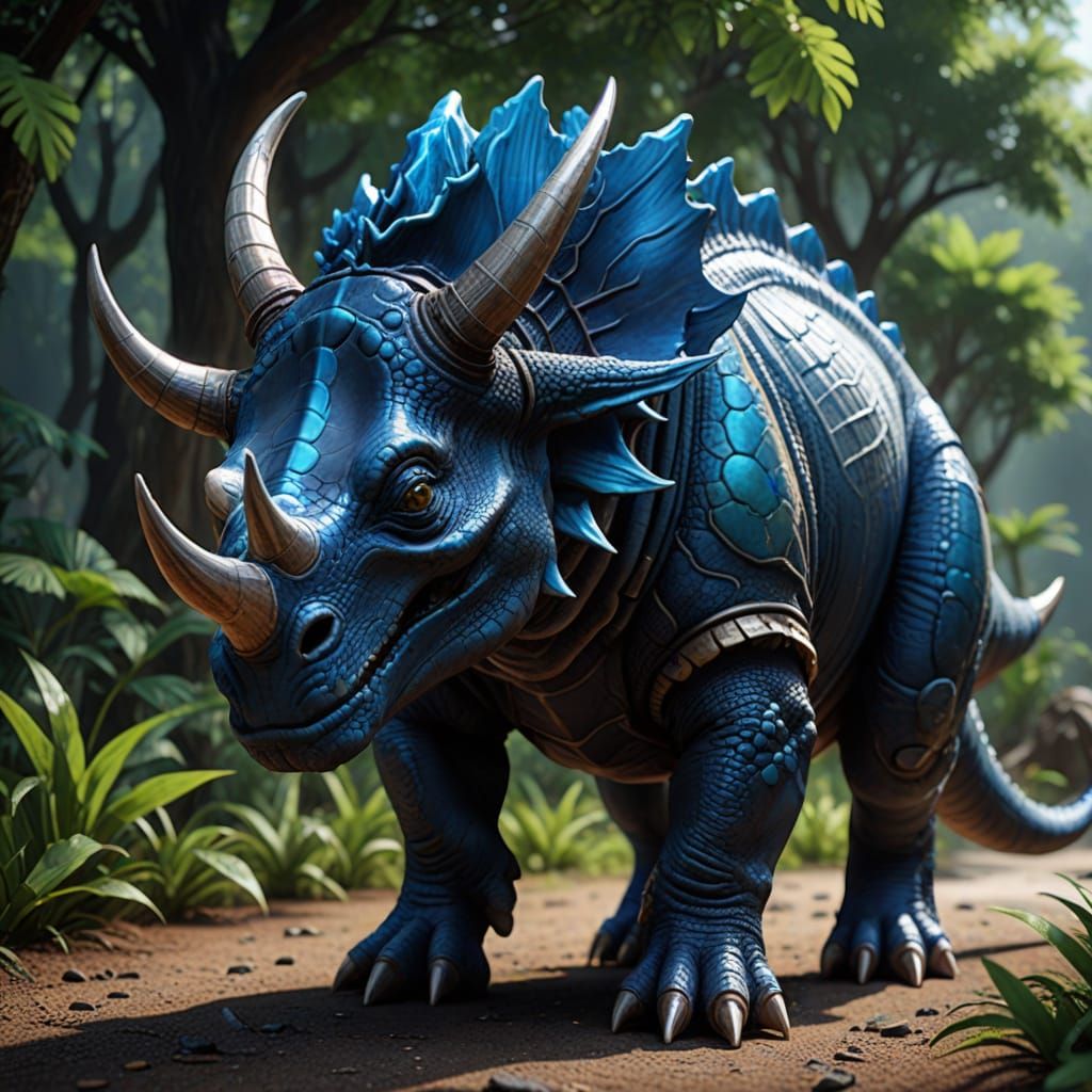 Surreal Anime Triceratops in Vibrant Blue and Black