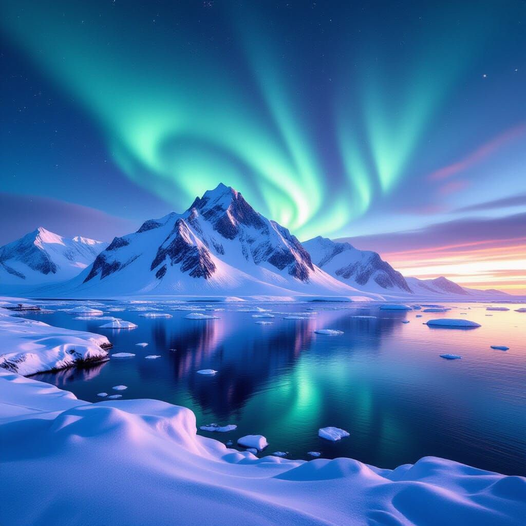 Golden Hour Mountains Over Icy Sea with Northern Lights