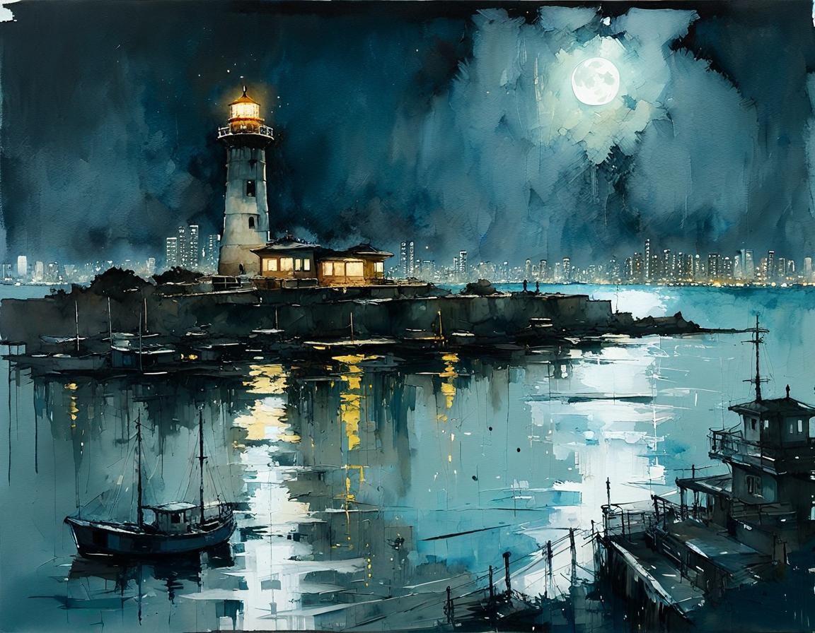 Film Noir Lighthouse Over Tokyo Harbor