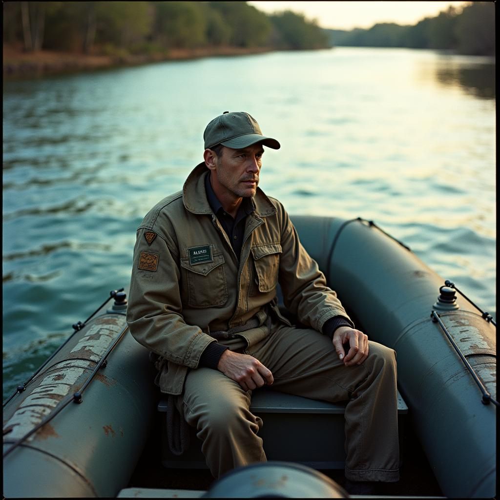 Camouflaged Man Drifting on Blue River in Inflatable Boat