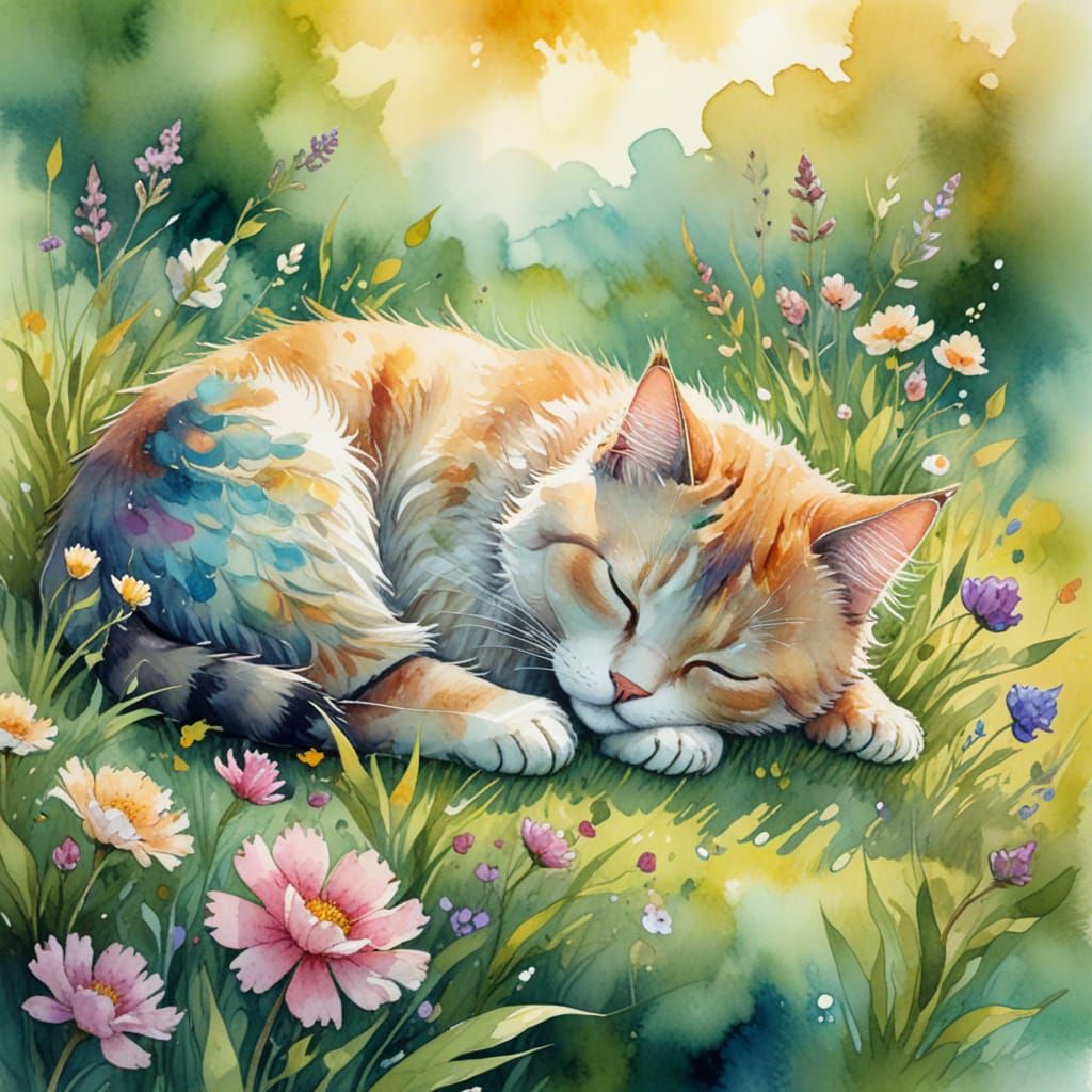 Whimsical Watercolor Cat in a Sunlit Meadow