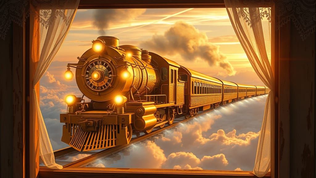 Golden Train Soars Through Whimsical Skies in Dreamlike Atmo...